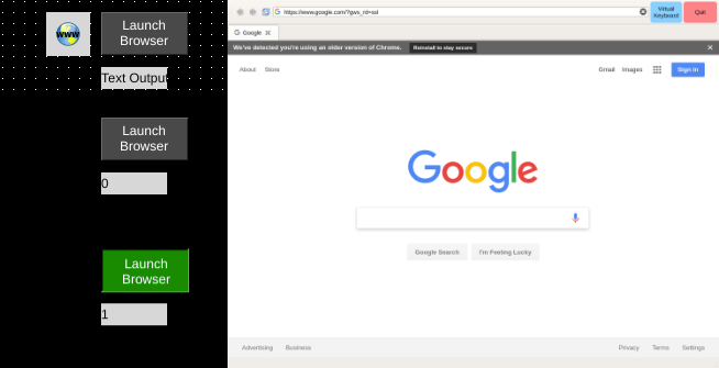 Left: OIB, OI runtime, and OI runtime launching browser. Right: Browser running on OI runtime.