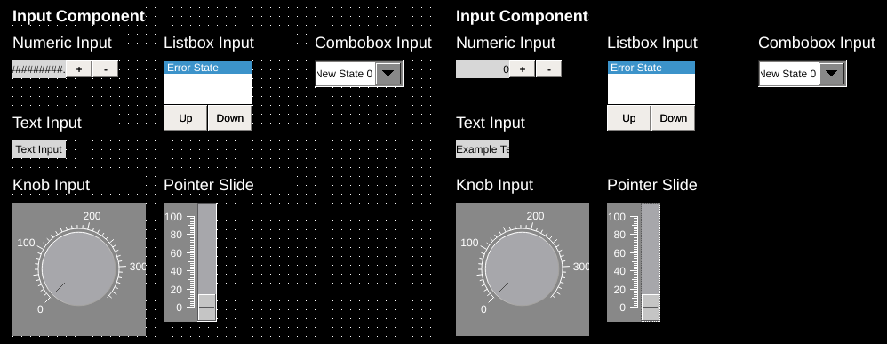 Left: Input components in OIB. Right: Same components shown in OI run mode.