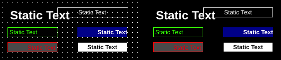 Left: Variously styled static text components in OIB. Right: Same components shown in OI run mode.
