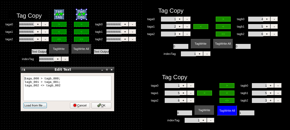 Left: Tag copy demo application. Right top: Tag copy demo app running in OI. Right bottom: Tag values change after triggering a tag copy.