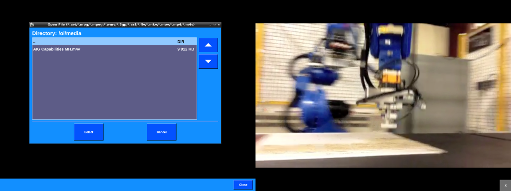 Left: Video selection dialog. Right: Video viewer open and playing a video.
