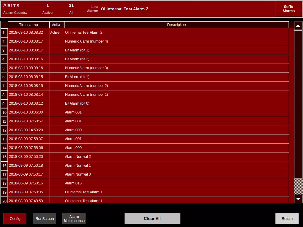 Alarm history template showing recent alarms.