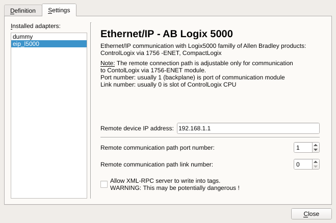 Ethernet/IP settings for AB Logix 5000 based processors.