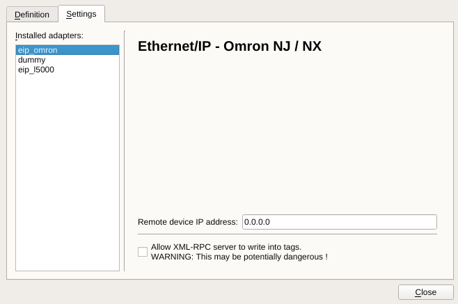 Ethernet/IP settings for Omron processors.