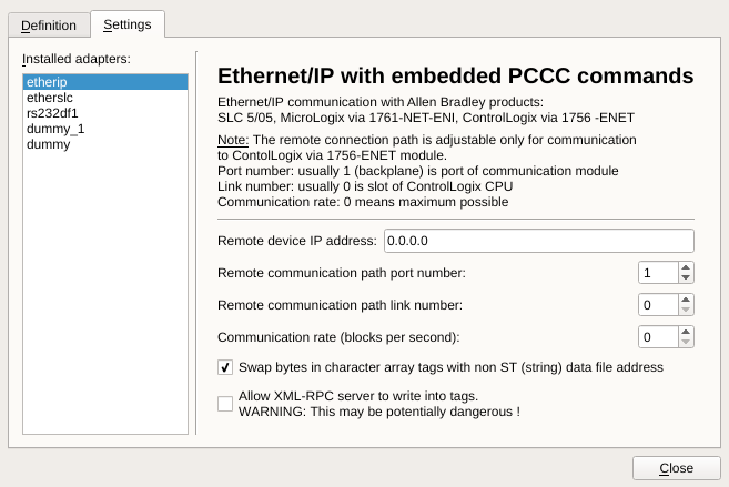 Ethernet/IP settings for AB PCCC communications