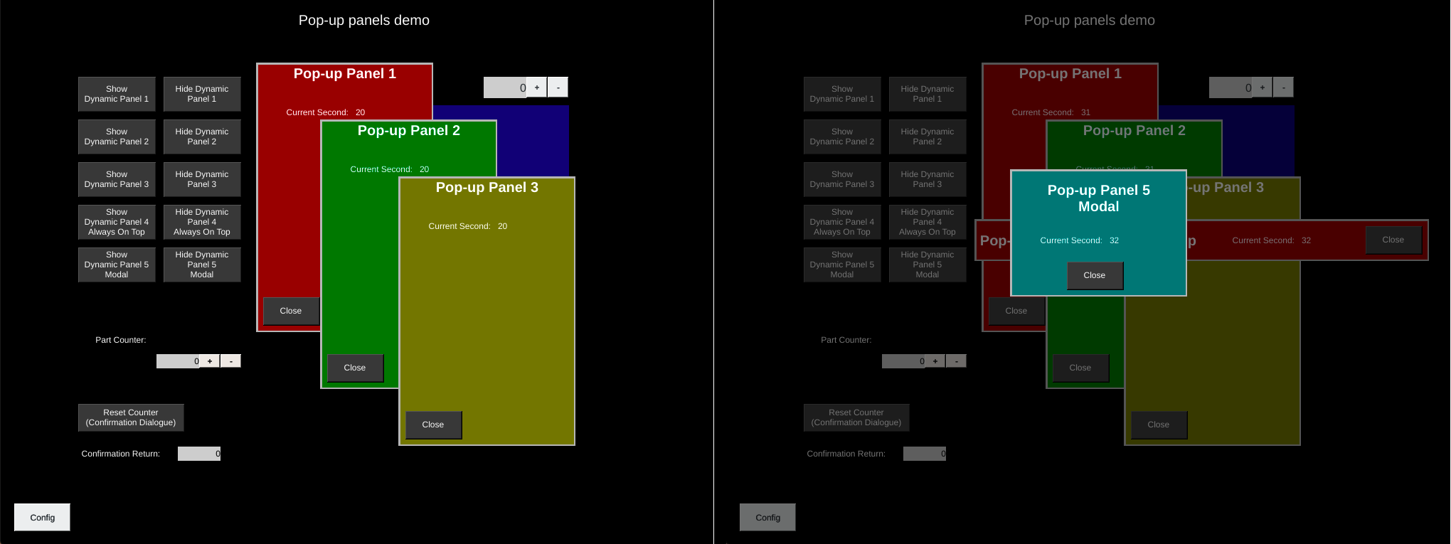 Multiple popup panels in OI, and then a modal displayed on top.