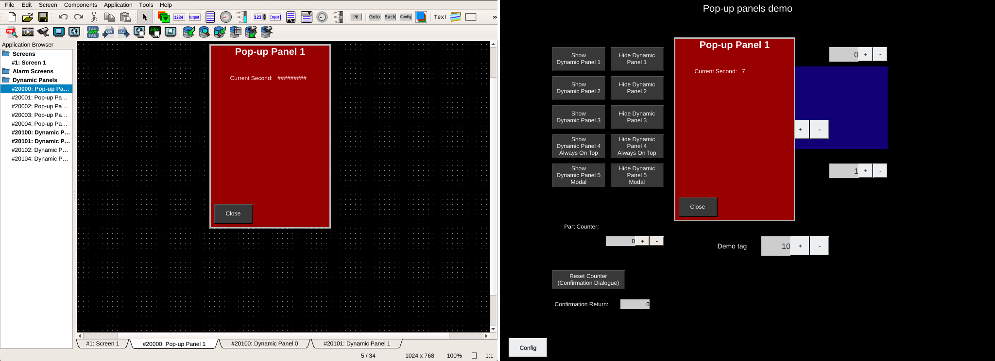 Sample program showing the popup panel in OIB, and then the pop up panel shown in the runtime.